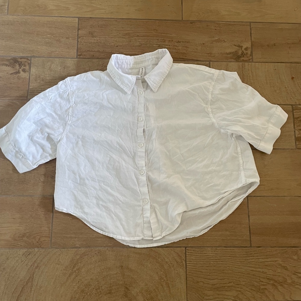 Athleta M Oversized White Cotton Button-Down Crop Shirt